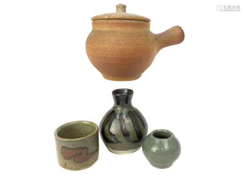 A ST. IVES STUDIO POTTERY LIDDED JAR ALONG WITH TWO VASES AND A BRUSH WASH