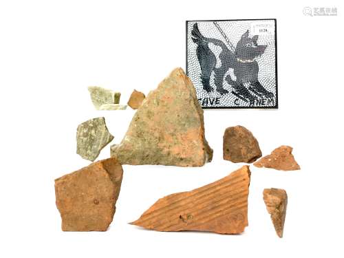 A LOT OF THREE ROMAN TILE FRAGMENT ALONG WITH OTHER FRAGMENTS INCLUDING TILE AND MARBLE