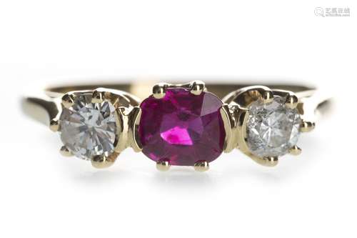 A CERTIFICATED RUBY AND DIAMOND THREE STONE RING