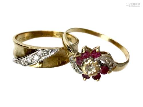 A RED GEM AND DIAMOND RING AND A DIAMOND BAND