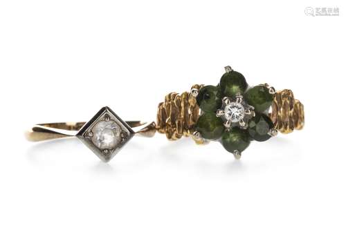 A GREEN GEM SET AND DIAMOND CLUSTER RING AND A GEM SET RING