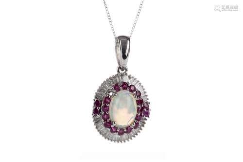 AN OPAL, RUBY AND DIAMOND PENDANT