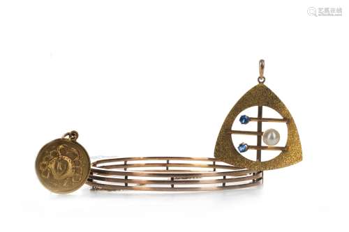 TWO GOLD PENDANTS AND A BANGLE