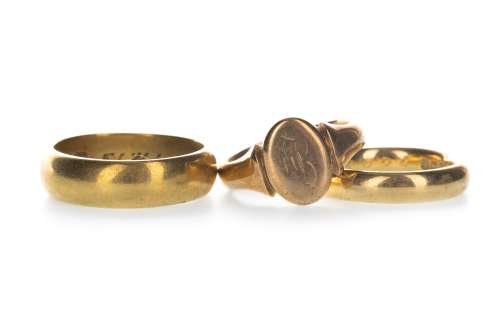 TWO GOLD WEDDING BANDS AND A SIGNET RING