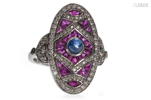 A SAPPHIRE, RUBY AND DIAMOND RING