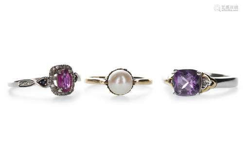 A RED GEM SET AND DIAMOND RING, PURPLE GEM SET RING AND A FAUX PEARL RING