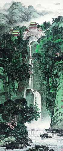 李颖（b.1934） 1987年作 苍岩滴翠 立轴 纸本设色