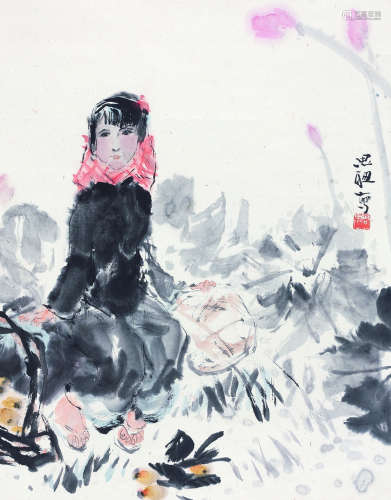 周思聪（1939-1996） 荷塘少女 立轴 纸本设色