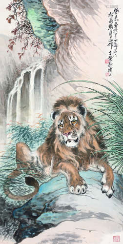 熊松泉（1884-1961） 1943年作 幽涧卧狮图 立轴 纸本设色