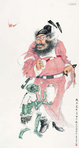 孔小瑜（1899-1984） 1928年作 钟馗引福图 立轴 纸本设色