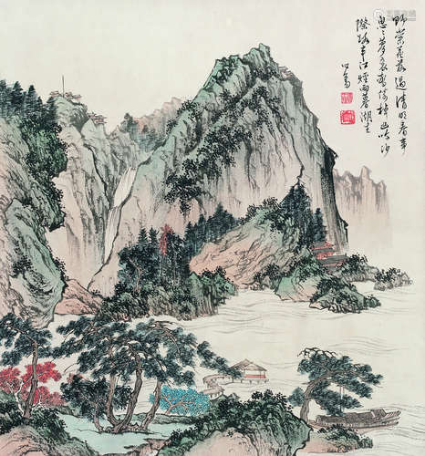 溥儒（1896-1963） 烟雨楼阁 立轴 纸本设色