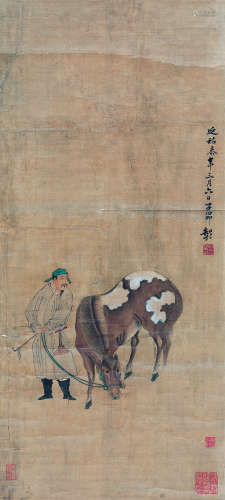 赵孟俯（1254-1322）（款） 牵马图 立轴 绢本设色