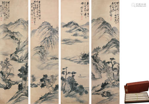 石涛（1630-1724） 山水 四屏立轴 纸本设色