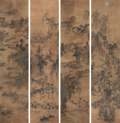 樊圻（1616-?） 1657年作 山水 四屏立轴 绢本水墨