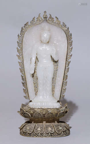 Qing Dynasty-Silver Gilt on White Jade Buddha Statue