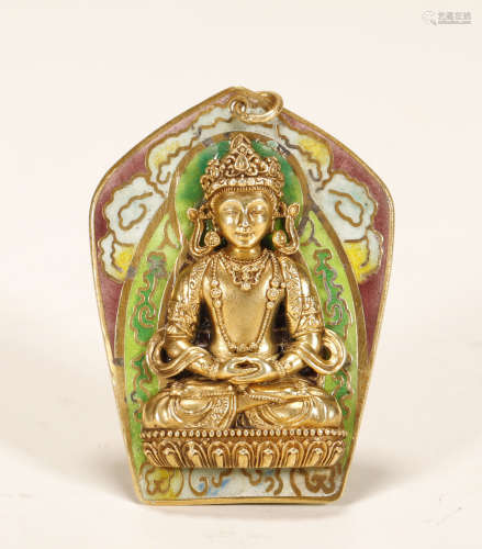 Qing Dynasty-Silver Gilt & Famille Rose Buddha Plaque