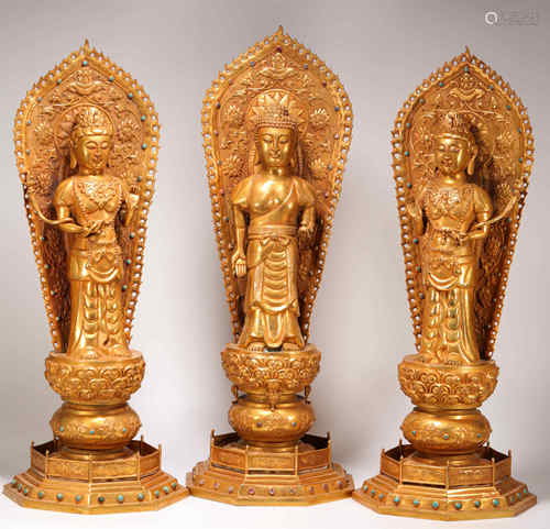 copper and gold buddha sculpture from Qing清代铜鎏金三圣佛一组