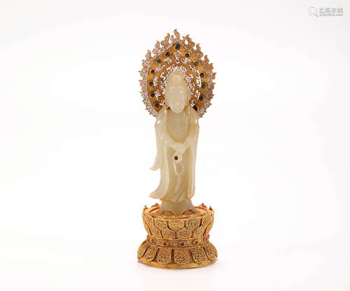 hetian jade and gold avalokitesvara sculpture from Qing清代和田玉純金觀音造像