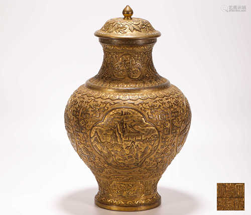 Bronze inlaying with Gold Rital Vase from Qing清代銅鎏金供瓶