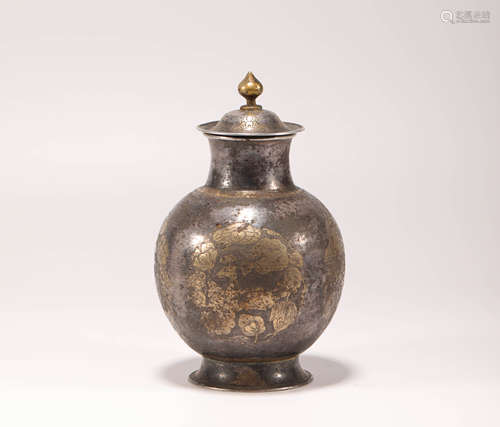 Silvering and Gold Floral Pot from Liao遼代純銀鎏金花卉紋罐