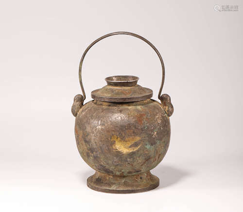 Silvering and Gold Floral Holding Pot from Liao遼代純銀鎏金花鳥提梁壺