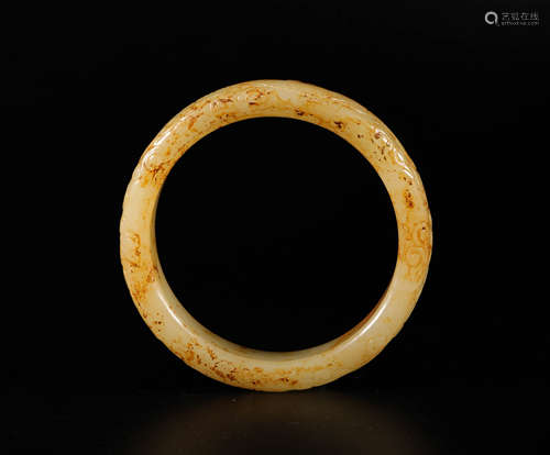 Yellow Jade Bracelet in Dragon Grain from Han漢代和田黄玉龍紋手鐲