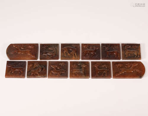 A Set of HeTian Jade Belt Hook with Deer Grain from Ming明代和田玉鹿紋帶板一套