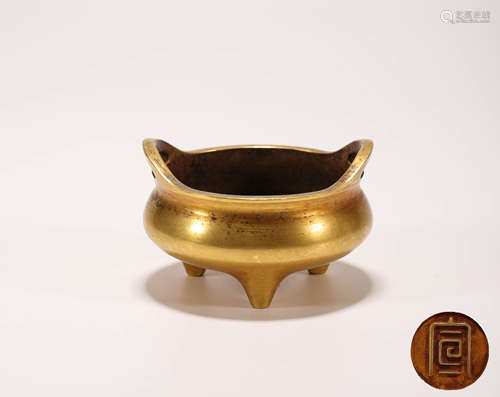 Bronze inlaying with Gold three Footed Censer from Ming明代銅鎏金三足香爐