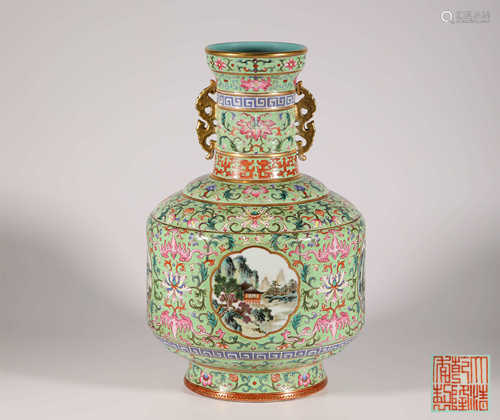 Pink Glazed Landscape Vase from Qing清代粉彩綠釉四面開光山水瓶