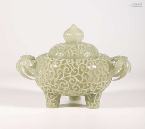 HeTian Jade Carved Censer from Qing清代和田玉镂空雕缠枝纹香爐