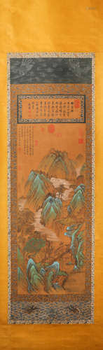 Ink Landcape Painting from DongBangLian Qing, Vertical Silk Scroll清代青綠山水畫
作者；董邦達
絹本立軸