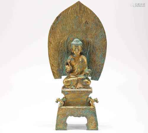 Bronze Inalying with Gold Sakyamuni Buddha Statue from Five Dynasties五代铜鎏金释迦摩尼像
