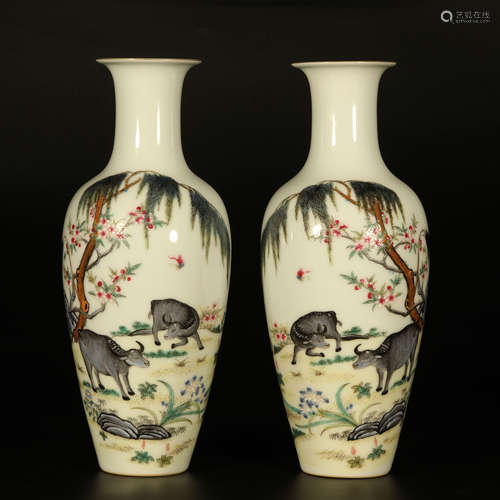 A Pair of Chinese Famille Rose Floral Inscribed Porcelain Vase