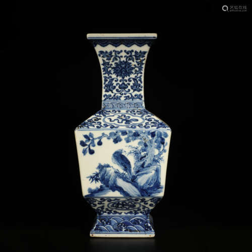 A Chinese Blue and White Flower&Bird Pattern Porcelain Square Vase