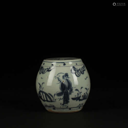 A Chinese Blue and White Figure Painted Porcelain Drum Shaped Incense inserted