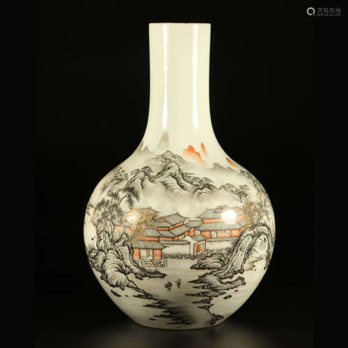 A Chinese Grisaille Iron Red Gild Landscape Painted Porcelain Vase