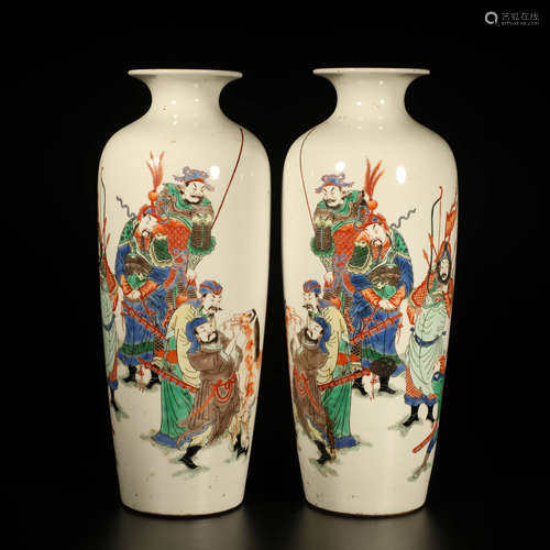 A Pair of Chinese Famille Verte Figure Painted Porcelain Vase