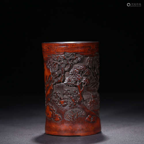 A Chinese Figure Pattern Bamboo Carved Brush Pot