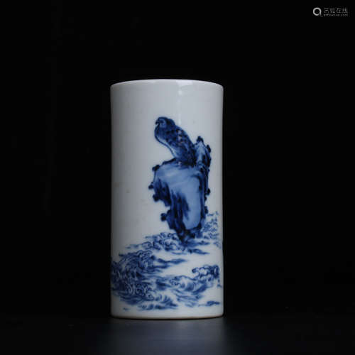 A Chinese Blue and White Landscape Porcelain Brush Pot