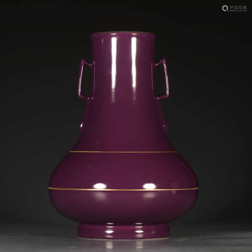 A Chinese Eggplant purple Glaze Gild Porcelain Double Ears Vase