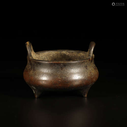 A Chinese Double Ears Copper Three-legged Incense Burner