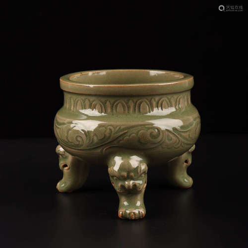 A Chinese Yaozhou Kiln Floral Carved Porcelain Three-legged Incense Burner