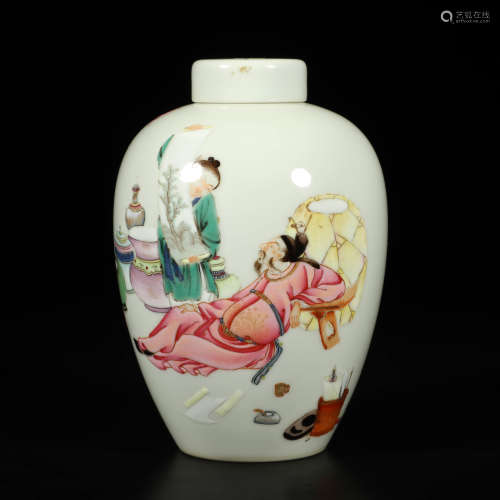 A Chinese Famille Rose Figure Painted Porcelain Jar with Cover