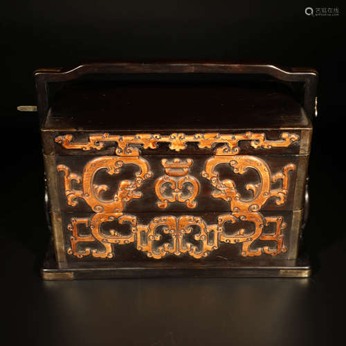 A Chinese Boxwood Inlaid Red Sandalwood Carved Dragon Pattern Handled Box