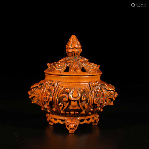 A Chinese Boxwood Carved Floral Three-legged aromatherapy