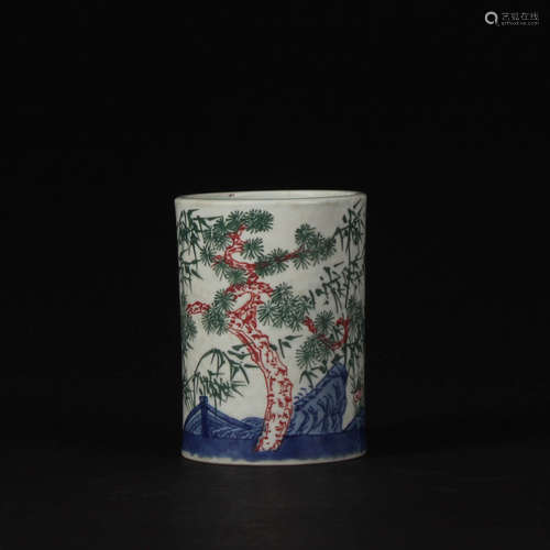 A Chinese Famille Verte Painted Porcelain Brush Pot