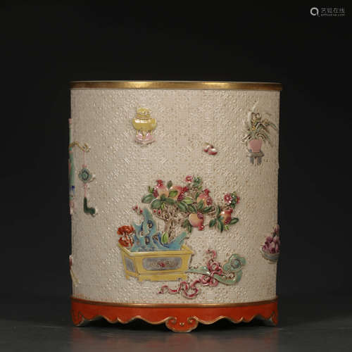 A Chinese Famille Rose Carved Porcelain Brush Pot