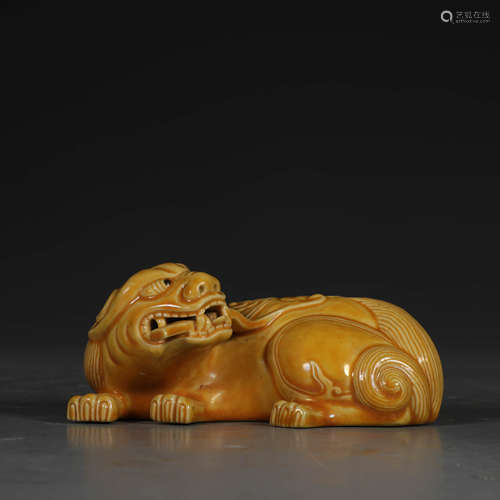 A Chinese Yellow Glazed Porcelain Beast Ornament