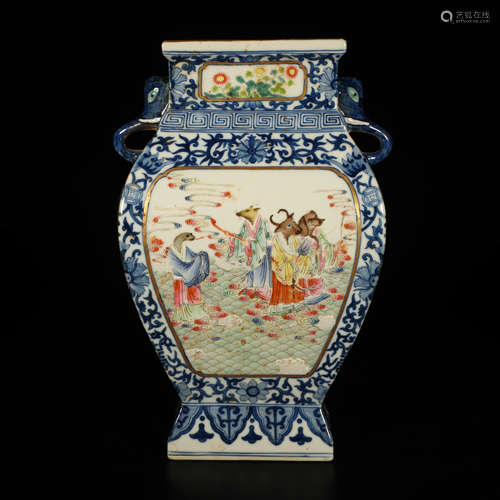 A Chinese Famille Rose 12 zodiac painted Porcelain Double Ears Vase