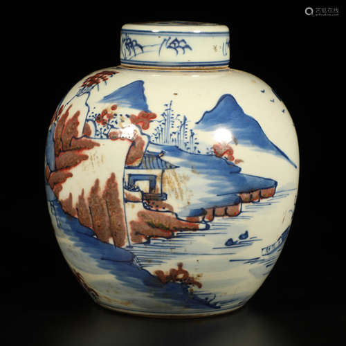 A Chinese Blue and White Underglazed Red Landscape Porcelain Jar